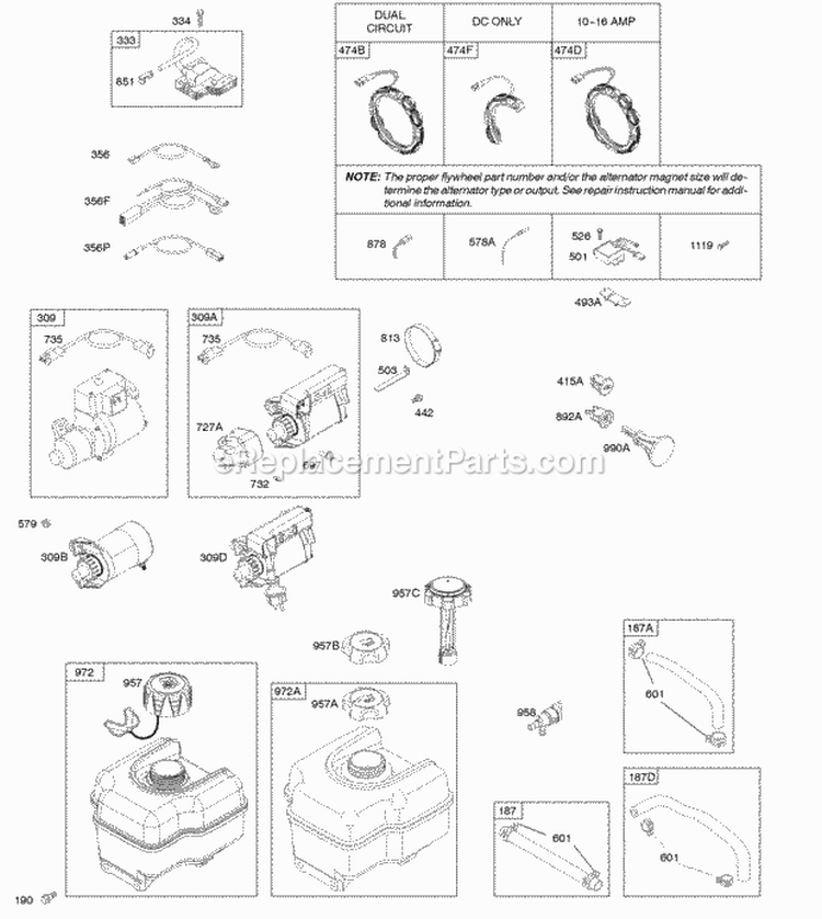 Alternator Electric Starter Fuel Supply Ignition Diagram and Parts List for 20P214-1183-E1  Briggs and Stratton Engine